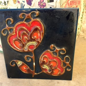 Vintage Israeli Handmade Ceramic Wall Tile with Flowers  or Pomegranates