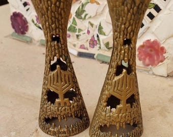Brass Shabbat Small Candle Holders Vintage Pair with Menorah and Jerusalem Design Made in Israel