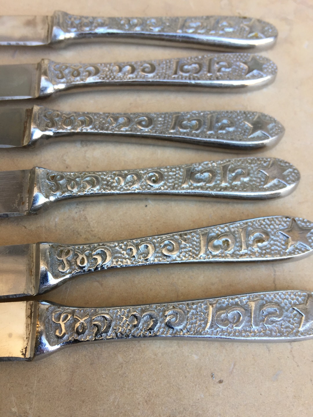 Set of Six Silver Vintage Fruit Knives With Hebrew Blessing on Handles