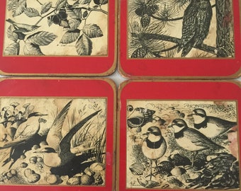 Four Vintage Red, Black and White Bird Design Hot Plates