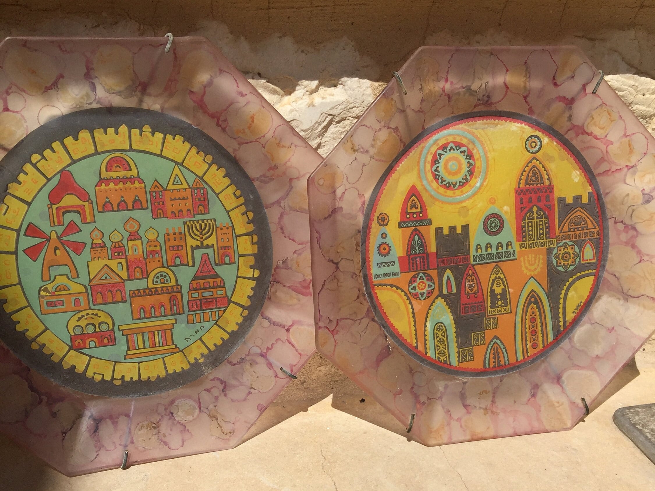 Jerusalem Satin Glass Vintage Plates Set of 2 Octagonal With Hanging Racks French Arcoroc Glass Painted in Israel by Tamara 1970's