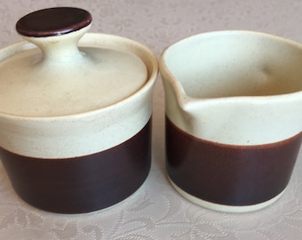 Lapid Set of Two Mid Century Ceramic Matching Sugar and Creamer Vintage Brown Stripe on Off White Made in Israel Hallmarked