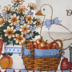 1986 Dulce Blanco Pato y Flores Calendario Lino Vintage Toalla de Cocina