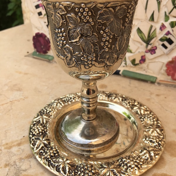 Vintage Grape Vine Design Silver Kiddish Cup and Matching Plate for Shabbat Wine