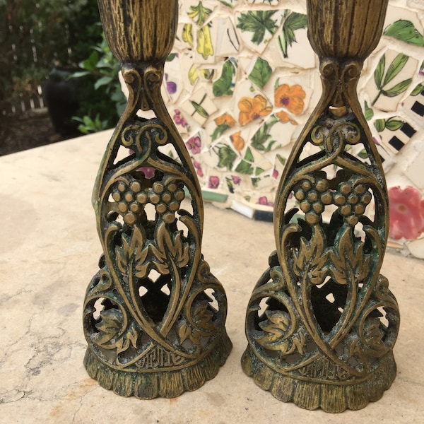 Brass Shabbat Candle Holders Vintage Pair with Grape Vine Design Made in Israel