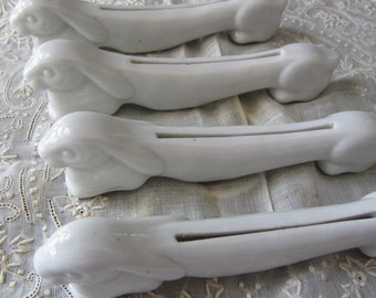 Four Unique Bright White Rabbit Vintage Ceramic Knife Rests and Place Card Holders