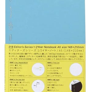May include: A light blue A5 notebook measuring 148 x 210 mm with a yellow paper band. The band features the text 018 Editor's Series 1/2 Year Notebook, details on grid size, page count, and time tracking features in English and Japanese text.