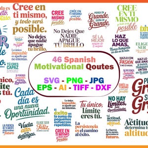 Può includere: Una grafica colorata con 46 citazioni motivazionali spagnole in vari font e stili. L'immagine include frasi come "Credi in te stesso" e "Sogna in grande". L'immagine include anche formati di file: SVG, PNG, JPG, EPS, AI, TIFF e DXF.