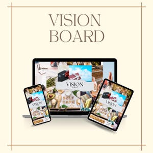 Puede incluir: Un collage de tablero de visión con imágenes de viajes, autocuidado y naturaleza. El collage se muestra en una computadora portátil, una tableta y un teléfono inteligente. El texto "VISION BOARD" se muestra en la parte superior de la imagen.