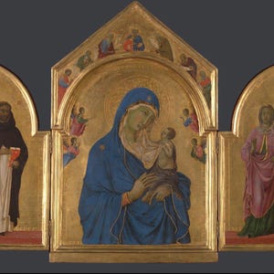 Duccio was the leading artist of fourteenth-century Siena. His style is characterized by elegant, flowing lines, soft colors and tender representations of the divine. Here, the Virgin’s cloak is defined by a fluid gold hem. Mother and child share an affectionate gaze as the infant Christ plays with her white veil.

The central panel is flanked by two smaller panels – depicting Saint Dominic on the left and Saint Aurea on the right – which can fold inwards to cover and protect the main image.