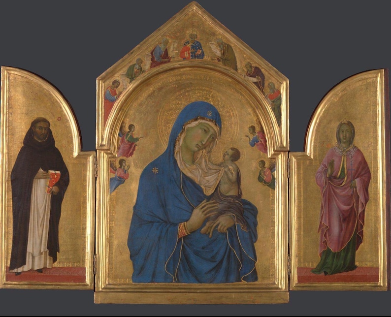 Duccio was the leading artist of fourteenth-century Siena. His style is characterized by elegant, flowing lines, soft colors and tender representations of the divine. Here, the Virgin’s cloak is defined by a fluid gold hem. Mother and child share an affectionate gaze as the infant Christ plays with her white veil.

The central panel is flanked by two smaller panels – depicting Saint Dominic on the left and Saint Aurea on the right – which can fold inwards to cover and protect the main image.