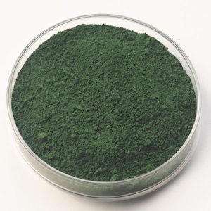 May include: A clear glass petri dish filled with a vibrant, finely ground, dark green powder. The powder has a textured, granular appearance, and the dish is set against a plain white background. The overall impression is of a scientific or laboratory setting.