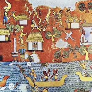 May include: A colorful illustration depicting a historical scene with figures, boats, and buildings. The artwork features a warm color palette with shades of orange, brown, and blue. People are shown in boats and near structures, suggesting a narrative or historical context.