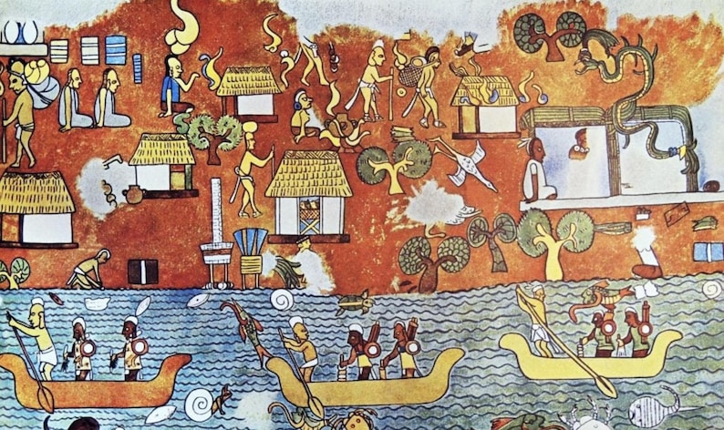 May include: A colorful illustration depicting a historical scene with figures, boats, and buildings. The artwork features a warm color palette with shades of orange, brown, and blue. People are shown in boats and near structures, suggesting a narrative or historical context.
