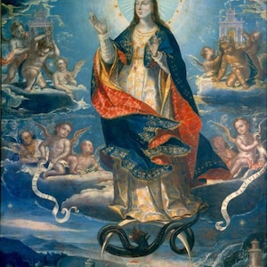 May include: An antique religious painting depicting a crowned woman with a halo, surrounded by cherubs and clouds. She wears a blue and red cloak over a white gown. A serpent is at her feet, and architectural elements are in the background.