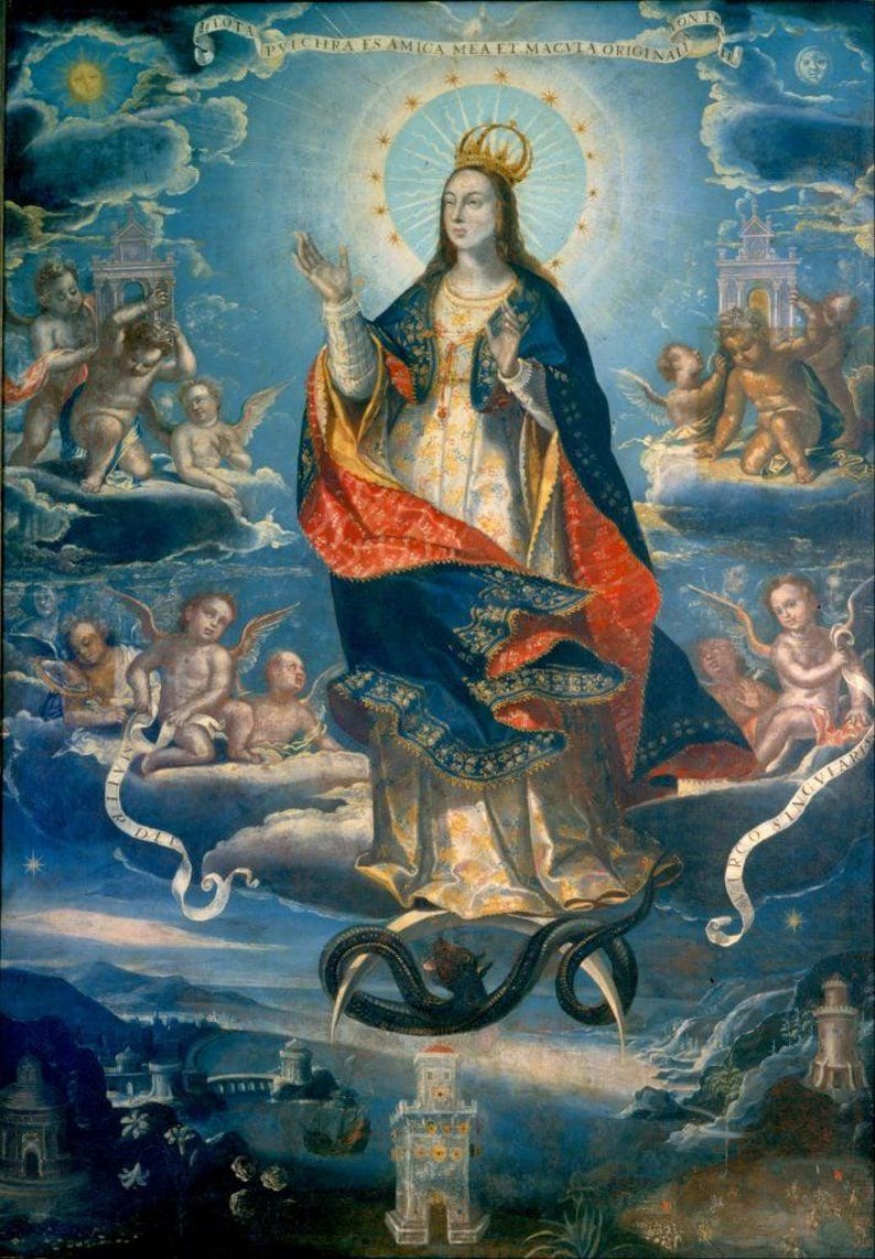May include: An antique religious painting depicting a crowned woman with a halo, surrounded by cherubs and clouds. She wears a blue and red cloak over a white gown. A serpent is at her feet, and architectural elements are in the background.
