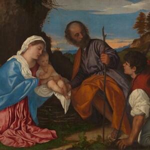 May include: A Renaissance-style painting depicts a religious scene. A woman in a blue robe cradles a baby, while a man with a beard and staff looks on. Another man kneels, and a landscape forms the background.
