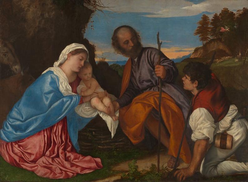 May include: A Renaissance-style painting depicts a religious scene. A woman in a blue robe cradles a baby, while a man with a beard and staff looks on. Another man kneels, and a landscape forms the background.