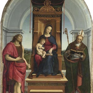 This painting was originally part of the altar of Ansidei Madonna in the Church of Saint Fiorenzo in Perugia. The painting Saint John the Baptist Preaching was placed on the predella (lower part of the platform on which an altar is placed) of this altar. This painting is also owned by the National Gallery London, the other paintings of the predella are lost.