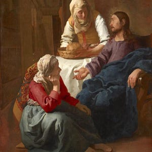 This is certainly the largest and one of the earliest surviving paintings by Vermeer. It is also his only known work of a biblical subject. Saint Luke’s Gospel tells of Christ’s visit to the sisters’ house. Christ praised Mary’s willingness to sit and listen to his teachings, unlike Martha who was preoccupied with housekeeping.