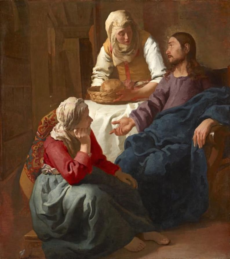 This is certainly the largest and one of the earliest surviving paintings by Vermeer. It is also his only known work of a biblical subject. Saint Luke’s Gospel tells of Christ’s visit to the sisters’ house. Christ praised Mary’s willingness to sit and listen to his teachings, unlike Martha who was preoccupied with housekeeping.