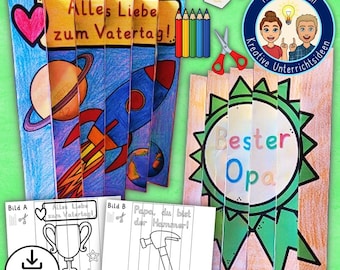 May include: A printable craft activity for Father's Day or Grandparents Day. The image shows a rocket ship, a trophy, a hammer, and a medal with the text "Bester Opa" (Best Grandpa).