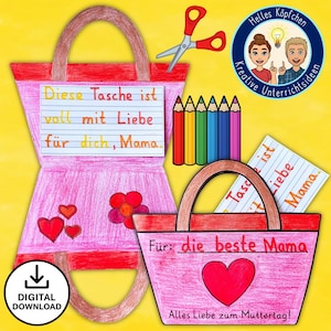 Plantilla de manualidad para bolso con tarjeta de felicitación: idea de regalo para el Día de la Madre para mamá o abuela | PDF A4 para manualidades en primaria o escuelas especiales