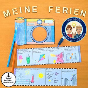 Puede incluir: Una hoja de trabajo imprimible para que los niños documenten sus recuerdos de las vacaciones de verano. La hoja de trabajo tiene un diseño de cámara e incluye indicaciones como "¿Cuál fue tu momento favorito?" y "¿Qué comiste?"