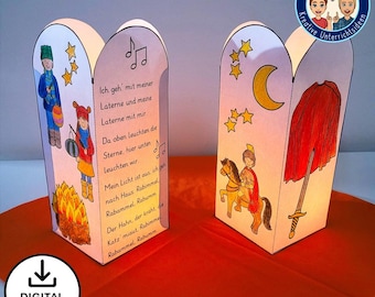 Peut inclure: Deux lanternes en papier avec des illustrations d'enfants, d'étoiles et d'un croissant de lune. L'une des lanternes présente un feu de joie et un poème en allemand. L'autre lanterne a un chevalier à cheval et une épée.