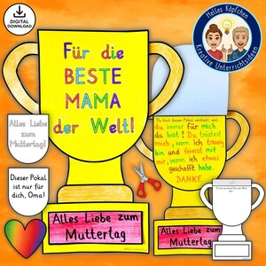 Puede incluir: Una manualidad imprimible para el Día de la Madre para que los niños puedan hacer un trofeo para su mamá. El trofeo es amarillo con un borde dorado y dice "¡Para la mejor mamá del mundo!" La manualidad incluye un corazón, un pequeño trofeo y una tarjeta imprimible que dice "Todo el amor para el Día de la Madre".