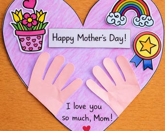 Mother’s Day Heart Card Craft Printable, Foldable Writing Card for Mom Grandma, Mothers Day Thank You Letter Activity Kids Classroom ENGLISH