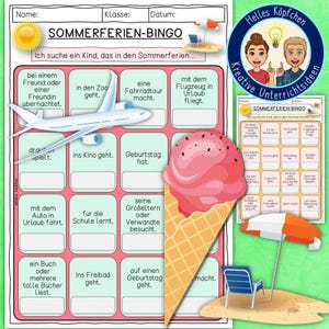 May include: A colorful summer-themed bingo game sheet with a sun, airplane, and ice cream cone illustrations. The text "SOMMERFERIEN-BINGO" is displayed at the top. The sheet includes various summer activities. A smaller version of the bingo sheet is also visible.