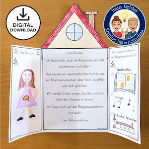 Modelo de cartão de boas-vindas religioso para crianças – Bem-vindo às aulas de educação religiosa, séries 1 a 4, escola primária | Casa dobrável PDF A4 | Alemão