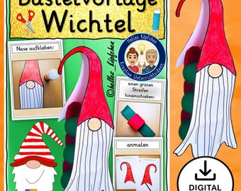 Christmas Gnome Craft Template for Elementary School (A4 PDF) | Christmas Art Project: Gnomes, Grades 1-4 | Winter Decoration Crafting with Children (German)
