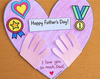 Father's Day Heart Card Craft Printable, Foldable Card Writing Activity for Dad Grandpa, Fathers Day Gift Thank You Letter Kids ENGLISH
