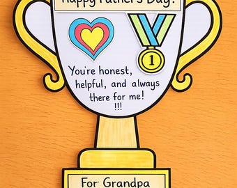 Father’s Day Gift Trophy Craft Printable, Hanging Trophy Card for Dad Grandpa, Fathers Day Writing Activity Kids, Classroom Craft ENGLISH
