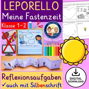 以下が含まれることがあります： 紫色の背景に「LEPORELLO Meine Fastenzeit」というタイトルのデジタルダウンロード。画像には、小冊子、鉛筆、はさみ、太陽のイラストが含まれています。テキストには「Reflexionsaufgaben」と「DIGITAL DOWNLOAD」が含まれています。