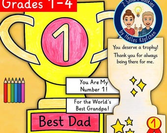 Father’s Day Trophy Card Craft Printable, Foldable Award Card for Dad Grandpa, Fathers Day Writing Activity Kids, Classroom Craft ENGLISH