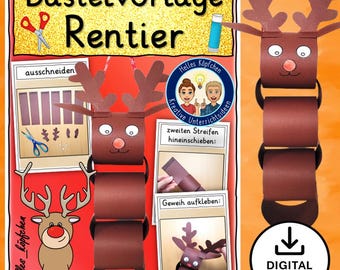 Reindeer craft – Christmas & Winter craft template for elementary school | Art lessons | Rudolph with the red nose | PDF A4 digital German