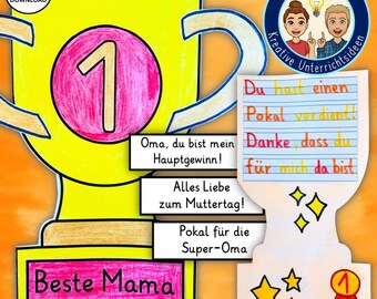May include: A printable trophy craft for Mother's Day. The trophy is yellow with a red number one and the words "Beste Mama" on the base. The text on the trophy reads "Oma, du bist mein Hauptgewinn! Alles Liebe zum Muttertag! Pokal für die Super-Oma".