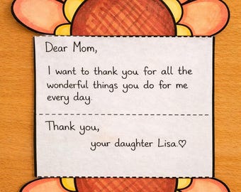 Mother’s Day Writing Activity Printable, Thank You Letter Craft, Foldable Heart Flower Template, Mothers Day Gift for Mom Grandma ENGLISH