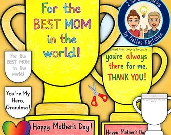 Mother’s Day Trophy Card Craft Printable, Foldable Card for Mom Grandma, Mothers Day gift Writing Activity Kids, Award Card ENGLISH