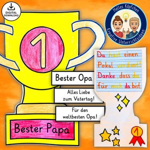 Modèle de bricolage pour la fête des pères : trophée – carte pliante pour papa ou grand-père | Carte de vœux A4 avec dictons comme cadeau de fête des pères pour les enfants de l'école primaire en allemand