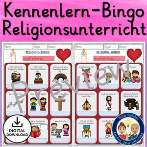 Puede incluir: Descarga digital de un juego de Bingo de Religión. El juego presenta un diseño rosa y blanco con ilustraciones de símbolos y actividades religiosas. El texto incluye "Religion-Bingo" y "Descarga digital."