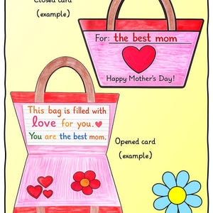 May include: A hand-drawn illustration of a foldable Mother's Day card shaped like a pink tote bag. The closed card reads "For: the best mom" with a heart. The open card says "This bag is filled with love for you. You are the best mom."