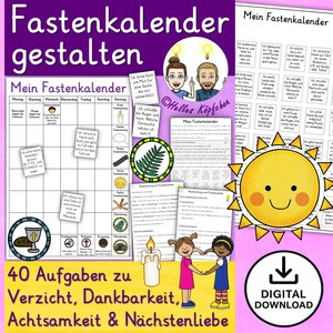 May include: A digital download of a calendar titled "Mein Fastenkalender" with a purple header. The calendar includes a grid for daily tasks, illustrations, and the text "40 Aufgaben zu Verzicht, Dankbarkeit, Achtsamkeit & Nächstenliebe."