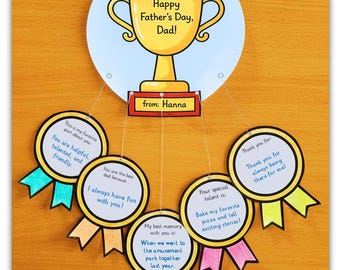 Father’s Day Mobile Craft Printable, Trophy Medal Hanging Craft for Dad Grandpa, Fathers Day Writing Activity Kids, Classroom Craft ENGLISH