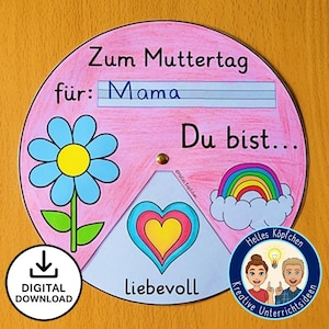 Könnte beinhalten: Ein rosa-blaues, druckbares Muttertagsbastelset für Kinder. Das Bastelset ist ein Drehrad mit den Worten "Zum Muttertag" und "Du bist..." Das Rad hat drei Abschnitte: eine blaue Blume, einen Regenbogen und ein Herz. Der Herzabschnitt hat das Wort "liebevoll" darunter geschrieben.
