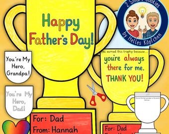 Father’s Day Trophy Card Craft Printable, Foldable Card for Dad Grandpa, Fathers Day Award Card Writing Activity Kids, Classroom ENGLISH