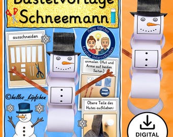 Snowman Craft - Winter Craft Template for Elementary School Christmas | Art Lesson PDF DIN A4 German | Classroom Decoration